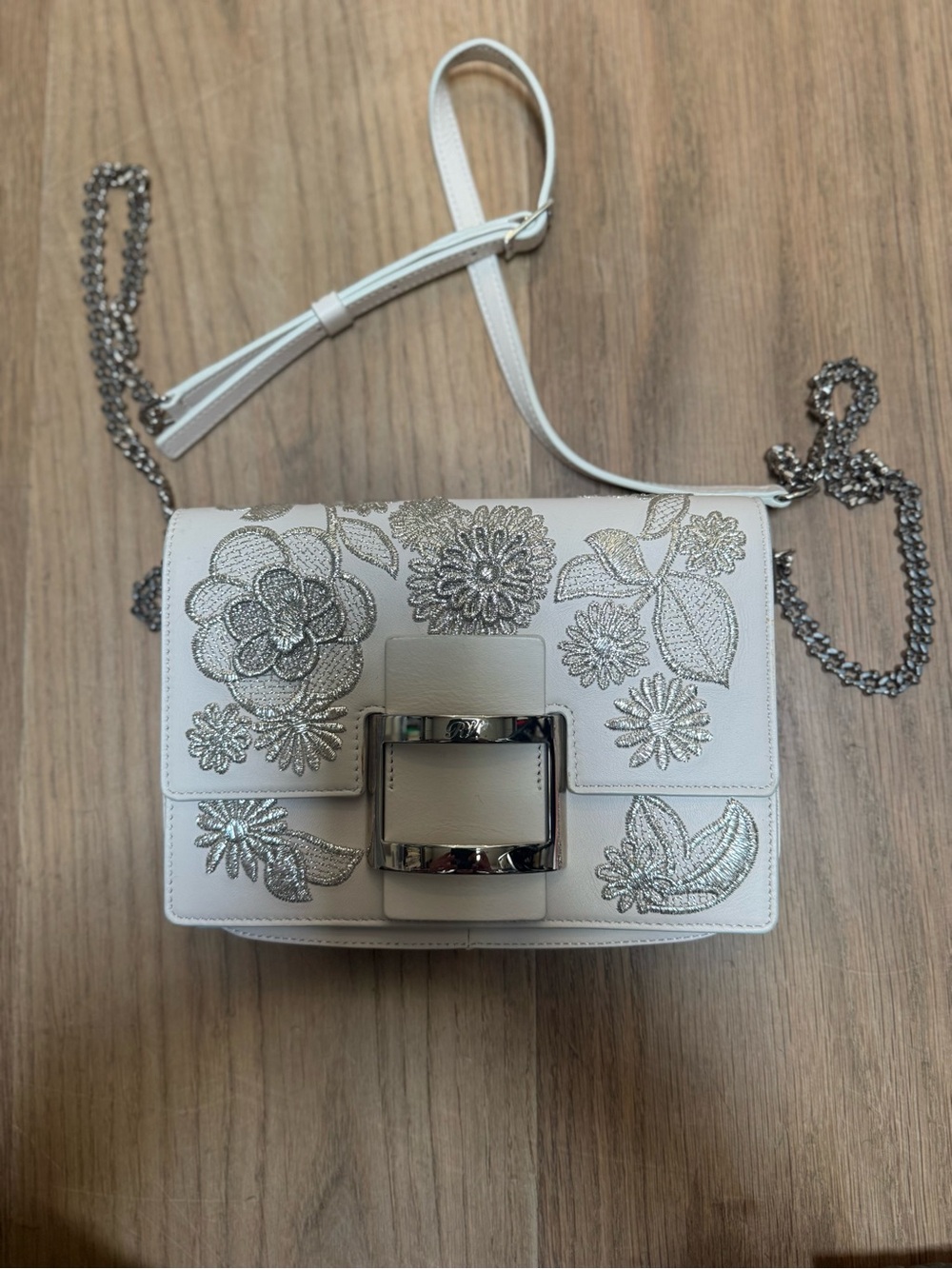 Roger Vivier White Leather Floral Embroidered Crossbody with Silver Hardware